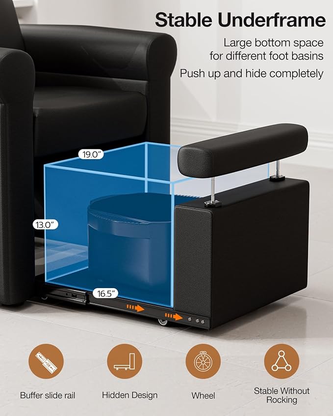 VARONXE Pedicure Chair No Plumbing, Professional Reclining Pedicure Station for Nail Tech, Foot Spa Unit w/Adjustable Footrest & Headrest, Pull-Out Base for Small Space, Black
