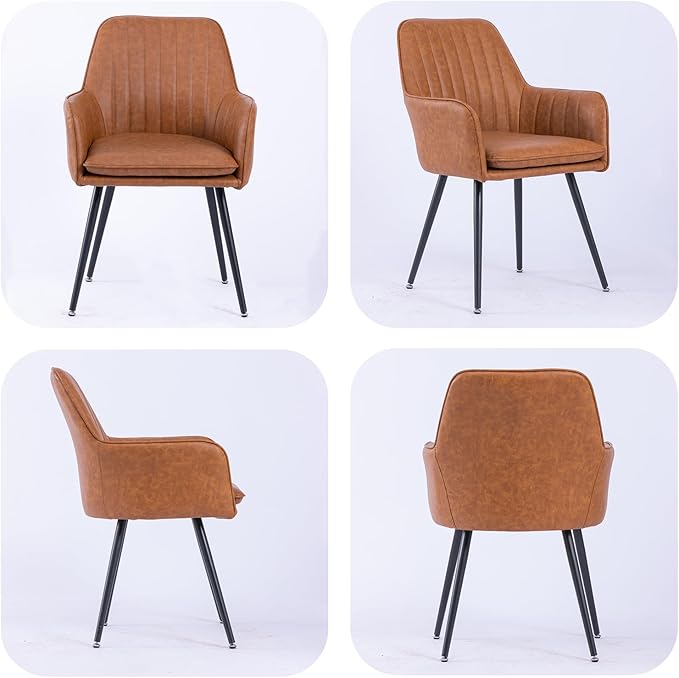 Purgreen Faux Leather Dining Chair Set of 2 - Modern Mid-Back Accent Chair with Metal Legs - Comfy Upholstered Chair for Living Room，Restaurant，Reception Room (Leather Whisky Brown, Set of 2)