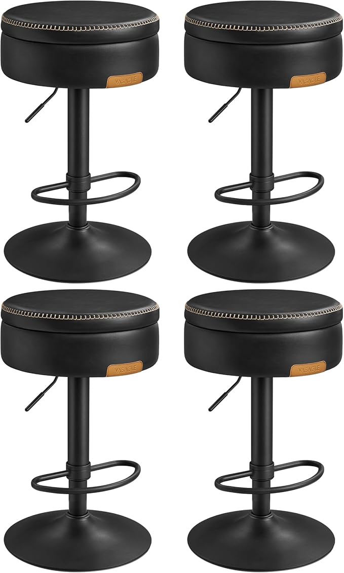 VASAGLE EKHO Collection - 360° Swivel Bar Stools Set of 4, Height Adjustable Barstools with Storage, Synthetic Leather with Stitching, Mid-Century Modern, Kitchen Bar, Easy Assembly, Ink Black