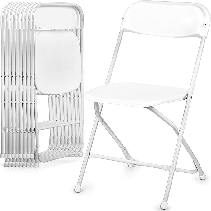 Folding Chairs 10 Pack, Heavy-Duty Plastic Foldable Chairs with Sturdy Metal Frame, 350 lbs Capacity, Stackable Portable for Weddings, Parties, Office, Indoor, Outdoor Events, White