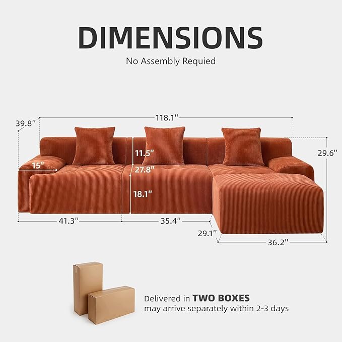 118" Modular Sectional Sofa, Cloud Sectional Couch with Chaise, Modern Boneless L-Shaped Sofas with Deep Seat, Upholstered Comfy Couches for Living Room, No Assembly Required, Plush Corduroy,Orange