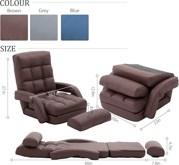 FLOGUOR 14-Position Adjustable Floor Chair, Chaise Lounge Indoor, Folding Lazy Sofa with Armrests and a Pillow Padded Adults Gaming Chairs for Living Room, Bedroom Factory Price,8803 (Coffee(PU))