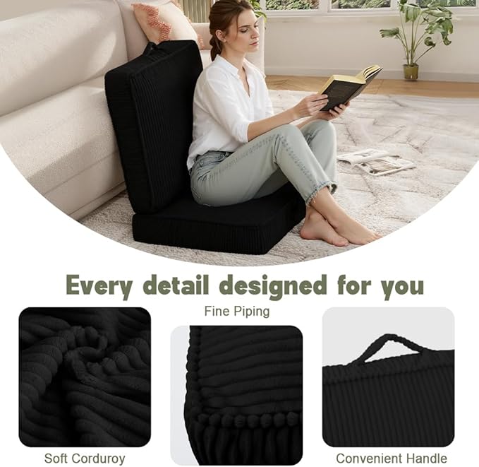 PRIMEPATIO Floor Pillow for Adults, 4" Square Floor Cushions with Washable Cover, Large Corduroy Meditation Pillow, 22 inches Tatami Seat with Handle for Living Room or Yoga, Black