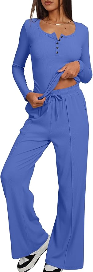 Darong Womens 2 Piece Matching Lounge Sets 2026 Long Sleeve Henley Shirts Wide Leg Pants Airport Travel Outfits