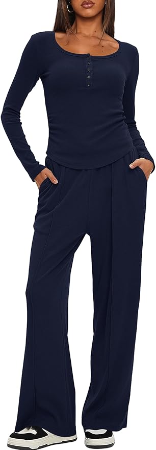 Darong Womens 2 Piece Matching Lounge Sets 2026 Long Sleeve Henley Shirts Wide Leg Pants Airport Travel Outfits