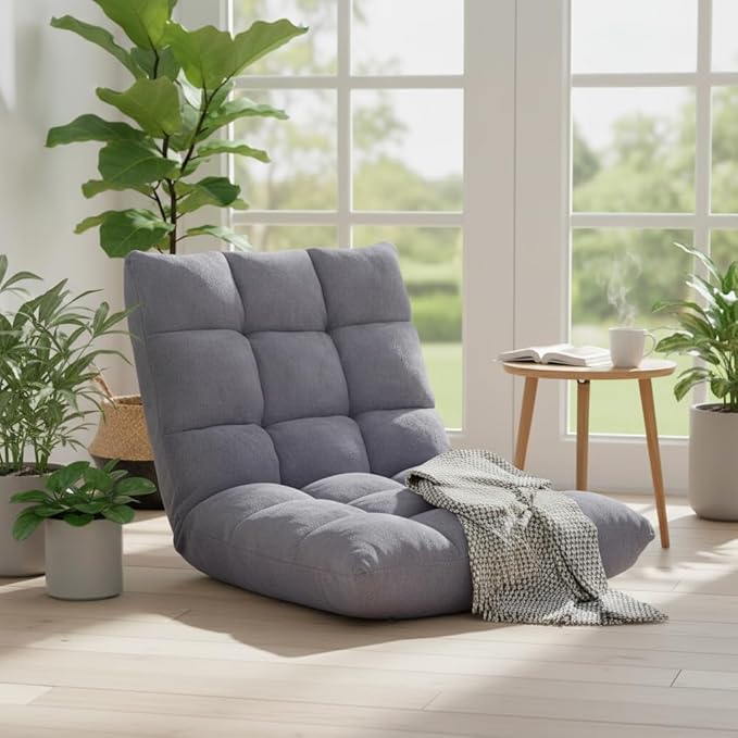 S AFSTAR Cushioned Floor Chair, 14-Position Adjustable Padded Lazy Recliner with Comfortable Back Support and Skin-Friendly Cover, Great for Reading, Playing Game, Meditating (Elegant Gray)