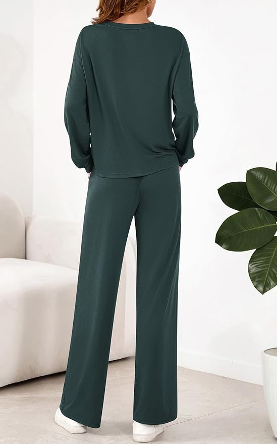 PRETTYGARDEN Womens 2 Pieces Lounge Sets Crewneck Long Sleeve Wide Leg Drawstring Pants Tracksuits Loose Fit Outfits Set