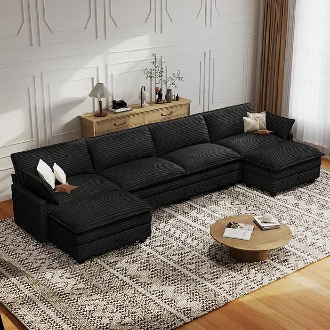 Modular Sectional U Shaped Sofa Couches with Storage Ottoman, Cloud Couch for Living Room, Comfy Sofa with Pillow, Dark Black