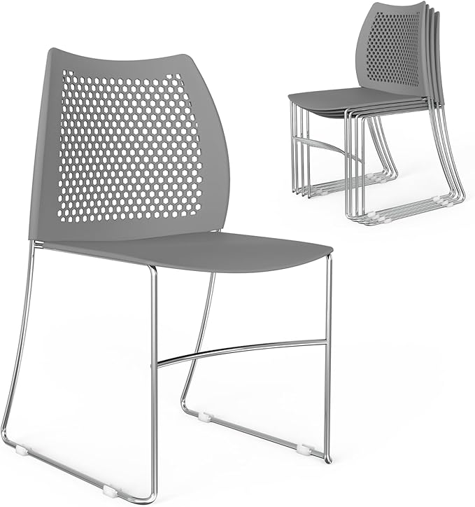 VINGLI Stacking Chairs Set of 5 Stackable Office Chairs with Metal Sled Base, Ergonomic Plastic Seat & Holes Back, Stacking Chairs for Waiting Room Break Room Banquet Guest, Grey
