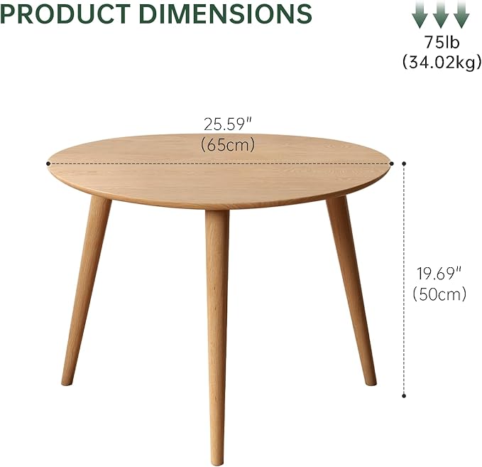 Vadisun Small Oval Coffee Table, 25.6" Mid Century Modern End Table for Living Room, 100% Solid Oak Wood Center Table, Side Table (Original Wood Color, 25.59''Wx17.51''Dx19.68''H)