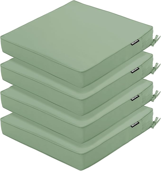 4 Pack Outdoor Chair Cushions 19 x 19 Inch Waterproof Patio Chair Cushions with Tie 5 Year Color Fastness Thick Outdoor Seat Cushion for Garden Lawn Patio Furniture Sage Green