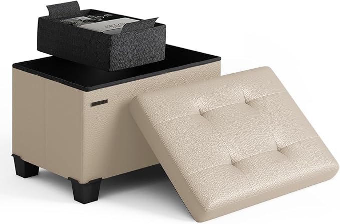 Storage Ottoman Cube with Small Bin, 16-in Square Ottoman with Storage for Living Room and Bedroom, Small Ottomans Foot Rest, Faux Leather Foot Stools Ottomans Max 330lbs, Beige