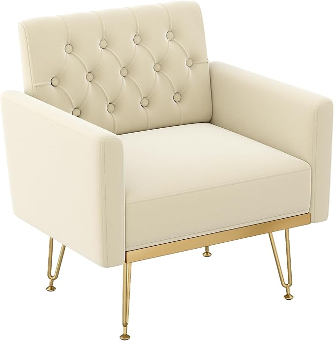 Accent Chair for Living Room, Comfy Oversized Velvet Upholstered Arm Chairs, Mid Century Modern Reading Single Sofa Side Chair with Tufted Back and Gold Legs for Bedroom (1, Beige)