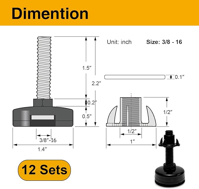 Mrosnail 12Pcs Adjustable Furniture Leveling Feet with T-Nuts, 3/8"-16 UNC Thread Screw-in Furniture Levelers for Tables, Sofas, Shelves, Cabinets