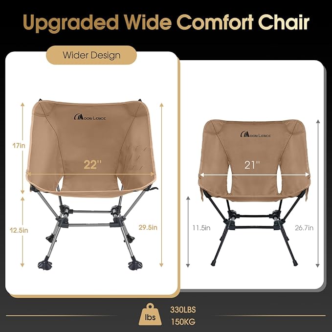 MOON LENCE Camping Chair Plus, Upgraded Comfort & Size, Still Compact and Lightweight, Folding Portable Chair for Backpacking & Hiking, 400Lbs Capacity, Gen 3 Plus (Khaki with Groundgrip Feet (Plus))