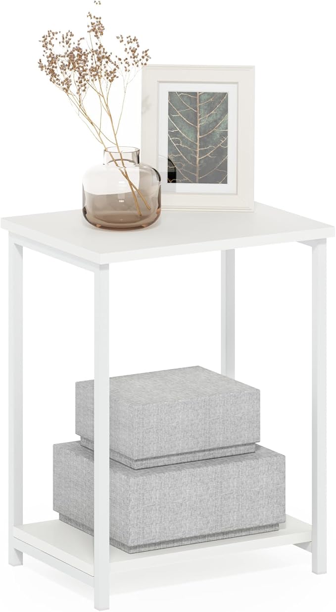 Furinno Simplistic Side Table, 2-Tier Metal Frame Modern End Table with Open Shelf, Night Stand, Bedside Table, for Living Room, Bedroom, White
