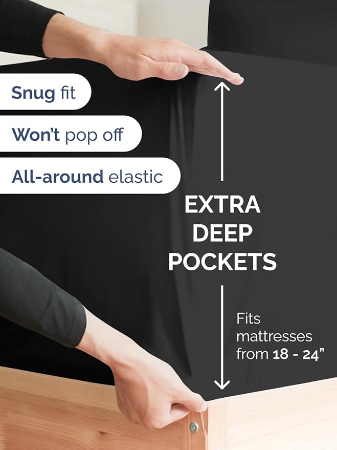 Extra Deep Pocket Queen Sheet Set - 4 Piece Breathable & Cooling Bed Sheets - Hotel Luxury Sheet Set - Ultra Soft, Wrinkle Free & Comfy - Easily Fits Extra Deep Mattresses - Deep Pocket Black Sheets