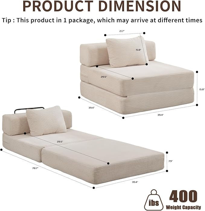 Folding Sofa Bed, Convertible Sleeper Chair with Pillow, Single Sofa with Back Support, Portable Fold Out Chair Cloud Couch Bed, Comfy Floor Sofa Lounge for Living Room Bedroom, White