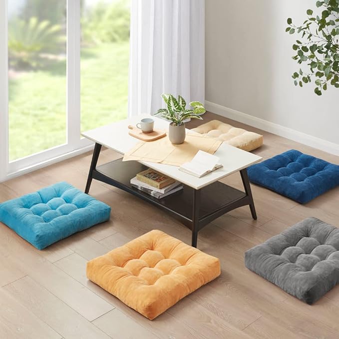 Degrees of Comfort Meditation Floor Pillow Set of 2, Square Large Pillows Seating for Adults, Tufted Corduroy Cushions for Balcony Outdoor Tatami Living Room, Orange Yellow, 22x22