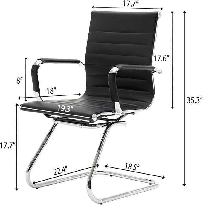 DM Furniture Black Office Desk Chair No Wheels Set of 4 PU Leather Computer Chairs Mid Back Guest Chairs for School Reception Conference Waiting Room, Black