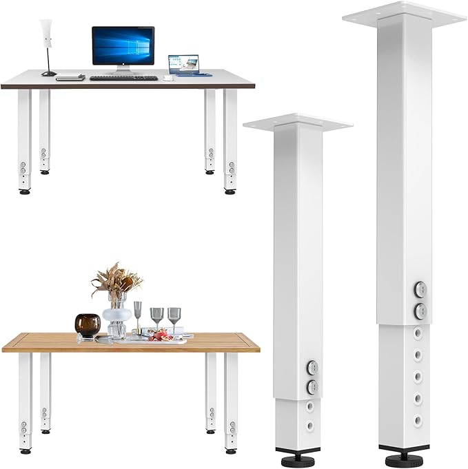 POROHOM 2PCS Adjustable Square Table Leg (14-24inch)，Metal Desk Legs, Home Office DIY Furniture Leg Set for Tables, DIY desks, Counter Tops, Kitchen Tables,Office Desk (White)