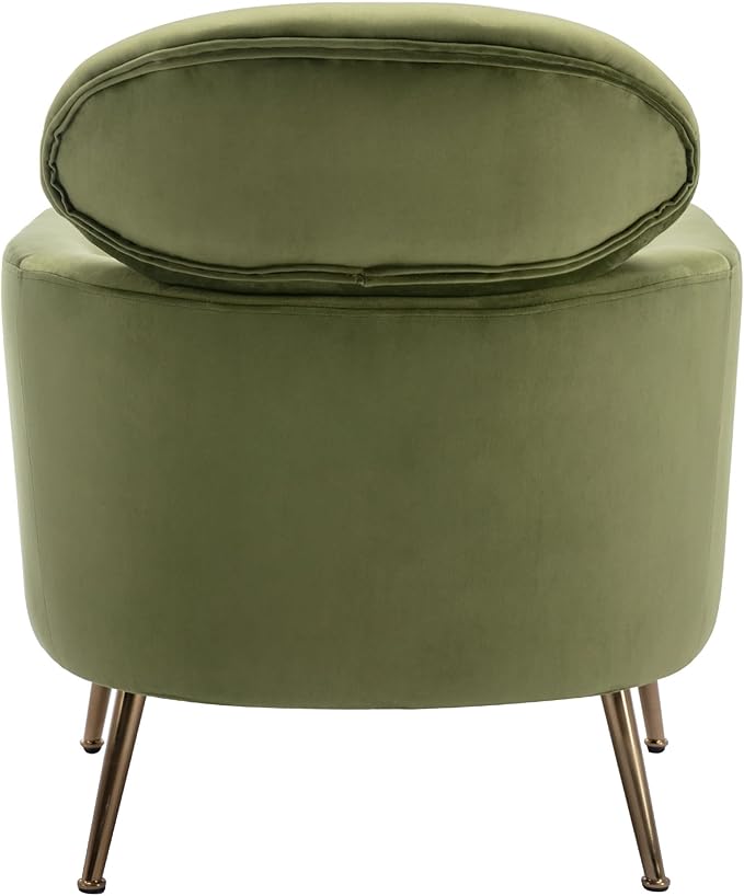 DM Furniture Velvet Accent Chair Comfy Living Room Chair Slipper Chair Mid Century Single Sofa Arm Chair with Golden Legs and Pillow for Bedroom/Guest Room, Olive Green