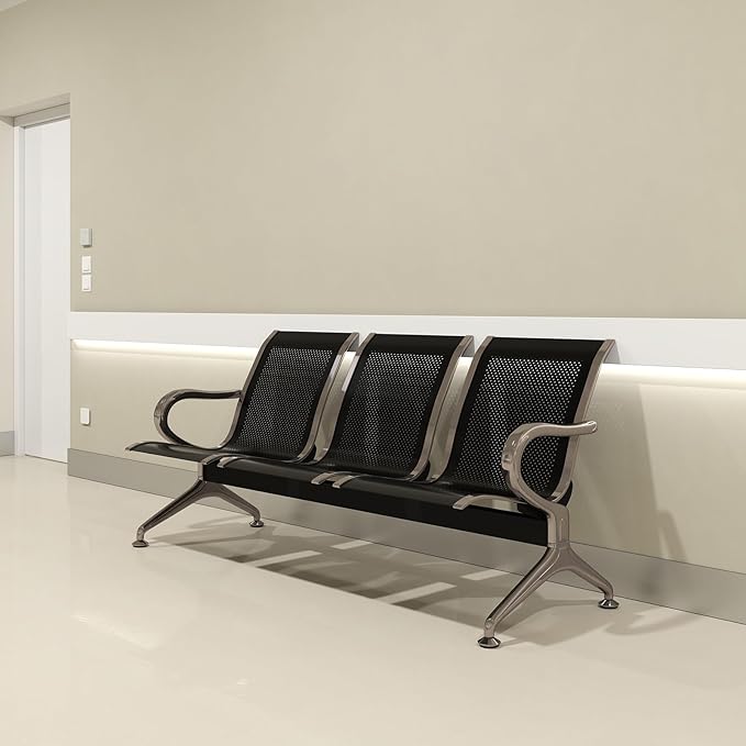 Kinfant Waiting Room Chair - 3-Seat Office Guest Reception Seat Waiting Room Bench with Armrest for Airport, Hospital, Bank, Salon, Barbershop, Hall(Black Mesh)