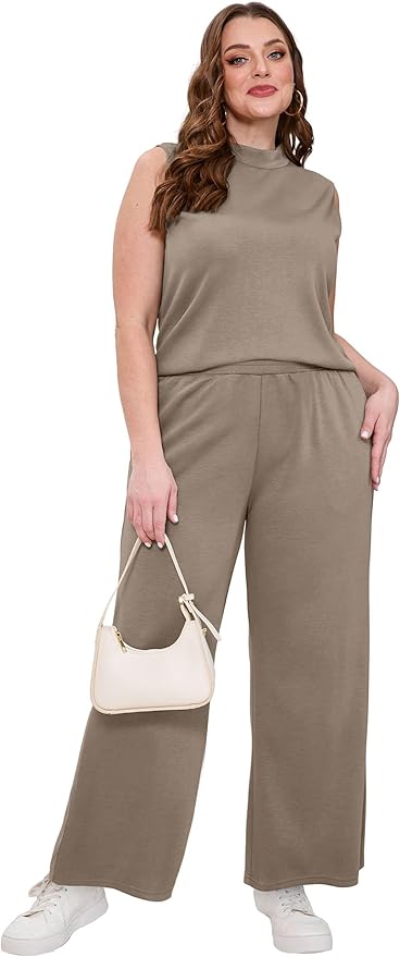 XIEERDUO Two Piece Sets for Women Summer Outfits Travel Mock Neck Lounge Sets Wide Leg Pants Beach Vacation Clothes