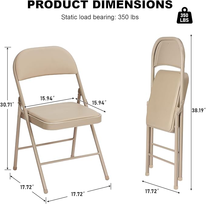 24 Pack Khaki Folding Chairs with Padded Cushion for Outside, Portable Stackable Commercial Metal Foldable Chairs with Steel Frame for Home Events Office Wedding Party, 350lbs Capacity
