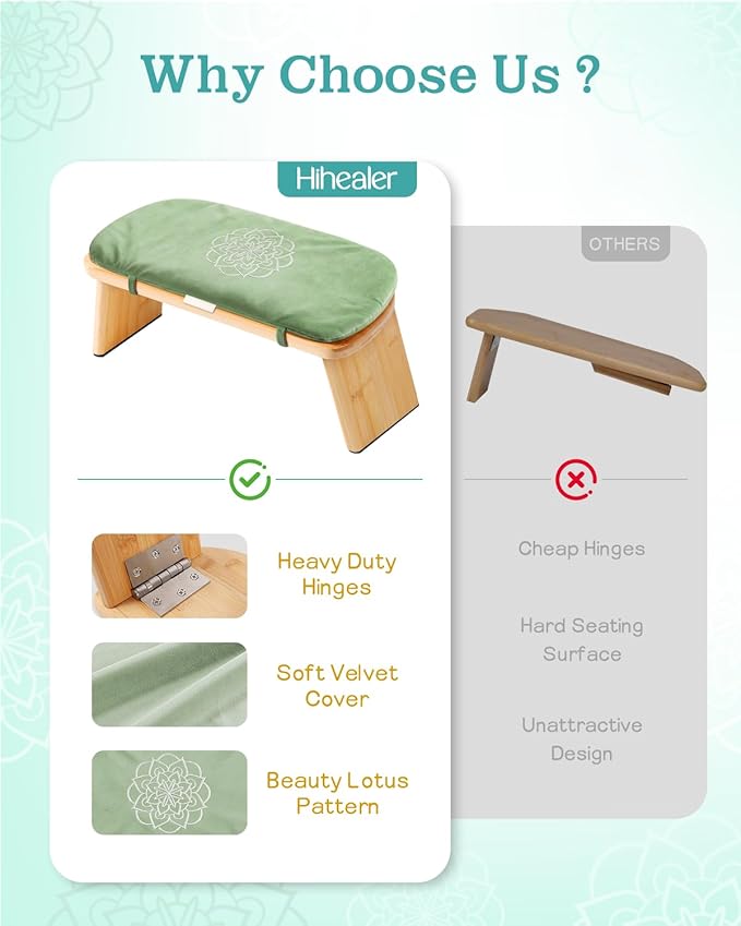 Hihealer Folding Bamboo Meditation Bench with Cushion & Carry Bag – Ergonomic Yoga and Prayer Stool for Comfort and Posture Support (Green)