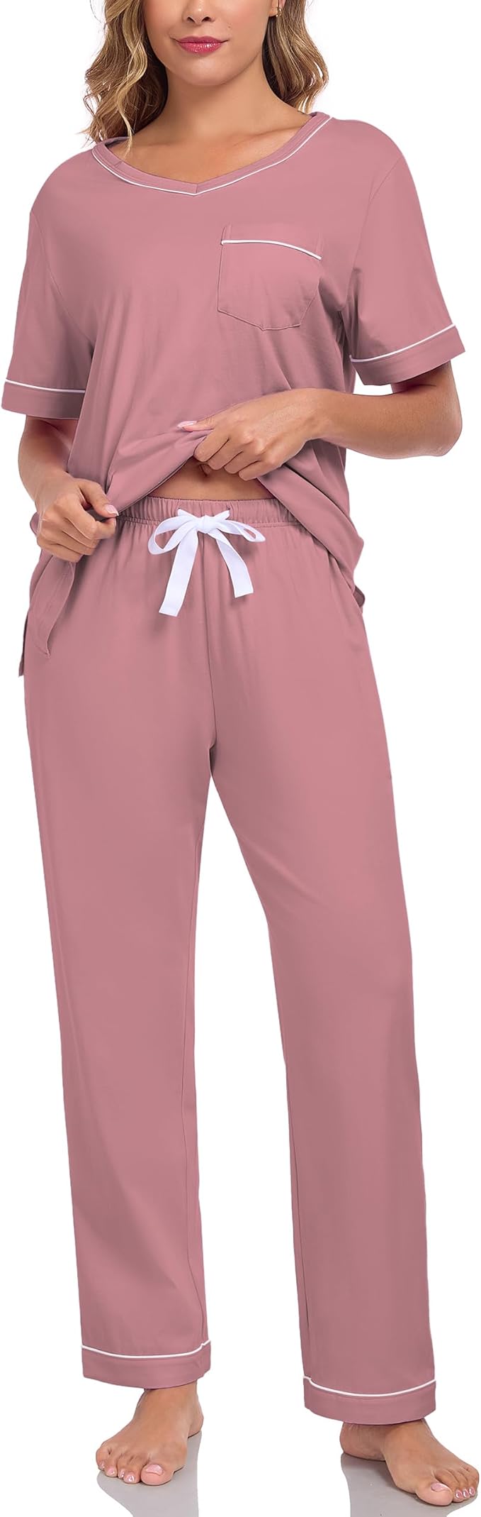 CF Women's 100% Cotton Pajama Sets Soft Short Sleeve Tops & Pants Comfy Sleepwear 2 Piece Lounge set with Pockets Loungewear