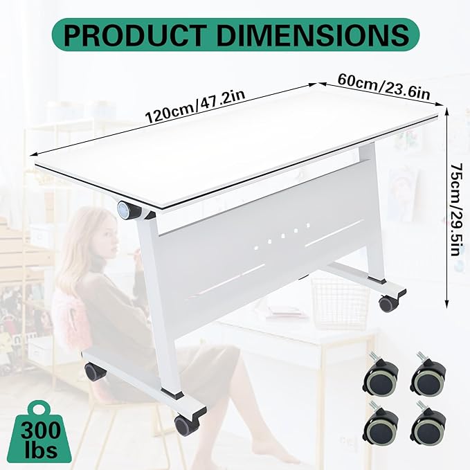 Folding Conference Room Tables, Flip Top Mobile Training Table with Wheels, Mobile Dynamic Meetings Training Tables, Portable Office Executive Desk, Rolling Seminar Meeting Table (2, White, 47.2in)