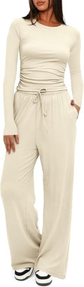 Darong Women's 2 Piece Outfits Lounge Sets 2026 Long Sleeve Tops Wide Leg Pants Casual Matching Set