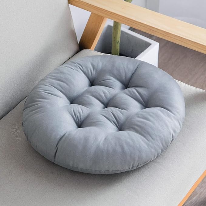 16 Inch Round Chair Seat Pad Thick Tatami Plaid Style Comfortable Floor Seat Cushion Soft Chair Mat for Office Bedroom Living Room Kitchen, Grey