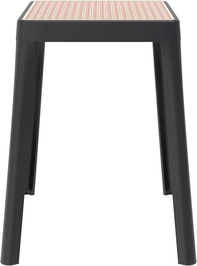 LeisureMod Stackable Square Plastic Dining Stool - Mid-Century Modern Backless Accent Stool with Wicker Top for Kitchen & Dining Room, Black