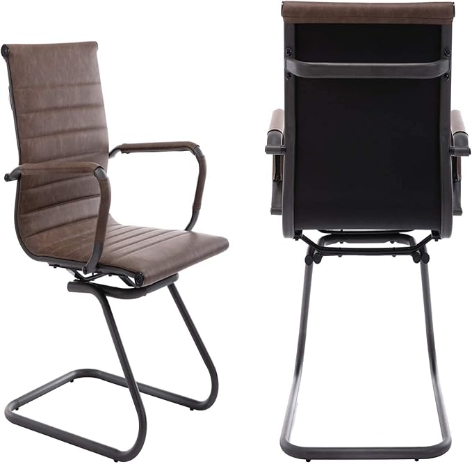 DM Furniture Office Desk Chair No Wheels Set of 4 PU Leather Computer Chairs Mid Back Guest Chairs for School Reception Conference Waiting Room, Vintage Brown