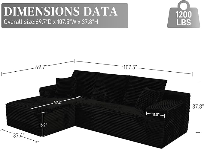 Modular Sectional Sofa Cloud Sectional Couch, 107" Comfy Fluffy L Shaped Jet Black Couches for Living Room, Memory Foam Deep Seat Corduroy Boneless Couch Sectionals Left Facing Chaise Sofas