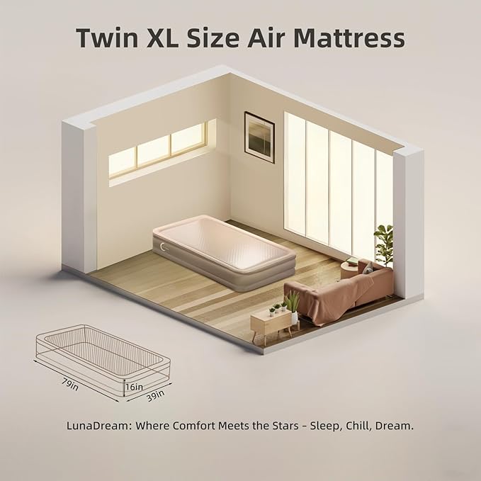LunaDream Twin XL Air Mattress with USB Rechargeable Built-in Pump, Wireless Inflatable Airbed, FlexWeave Tech for 1100 lbs Enhanced Support, Portable for Home & Camping, Leak Proof Design, Carry Bag