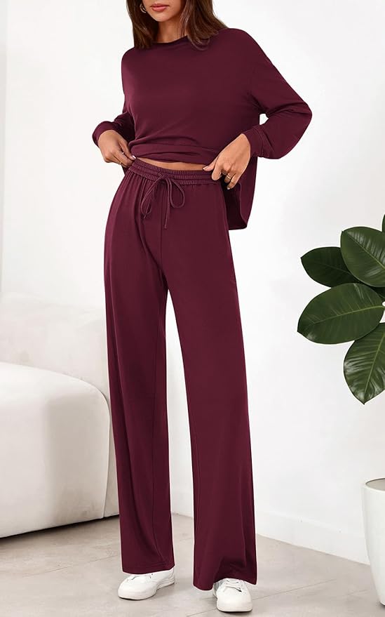 PRETTYGARDEN Womens 2 Pieces Lounge Sets Crewneck Long Sleeve Wide Leg Drawstring Pants Tracksuits Loose Fit Outfits Set