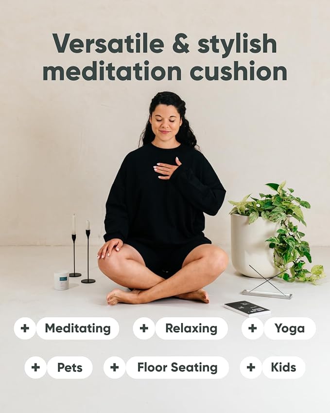 Mindful Modern Large Meditation Cushion for Zafu Yoga - Meditation Pillow for Sitting on The Floor - Buckwheat Hull Filled Yoga Cushion with Removable, Washable 100% Cotton Cover and Carry Handle