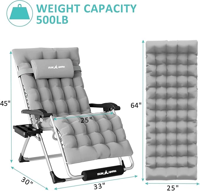 Amopatio Outdoor Padded Zero Gravity Chair 25" Seat Width, XXL Camping Lounge Chairs with Cushion, Oversized Folding Reclining Patio Chair for Outside Deck, Yard, Porch, Pool, Light Grey