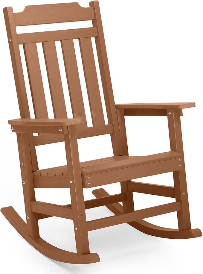 hOmeQomi Rocking Chair, All Weather Resistant Poly Lumber Outdoor Porch Rocker, Rocking Chairs for Outdoor, Indoor, Patio, Deck, Garden, Backyard, Load Bearing 380 lbs - Teak