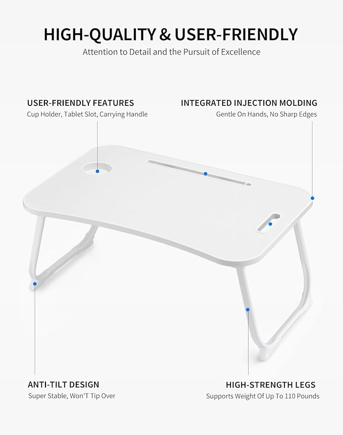 ZEAPTAC Laptop Bed Desk, Foldable Lap Desk, Portable Lap Table, Laptop Stand with Cup Holder & Tablet Slot & Lifting Handle for Working Writing Drawing & Eating - White