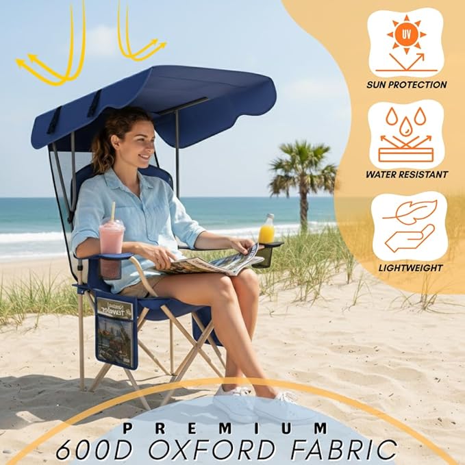 CozyBox Portable Folding Camping Chairs with Canopy Shade, Beach Chair for Adults, Durable Weather Resistant 600D Oxford Cloth, Camping Chair with Canopy for Outdoors [Navy-2 Pack]