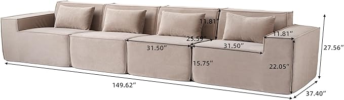 JACH 149" Cloud Sectional Couch, Huge Plus 4 Seater Modular Sofa, Modern Comfy Cloud Couches, Sofas Furniture for Living Room, Office, Apartment, Brown