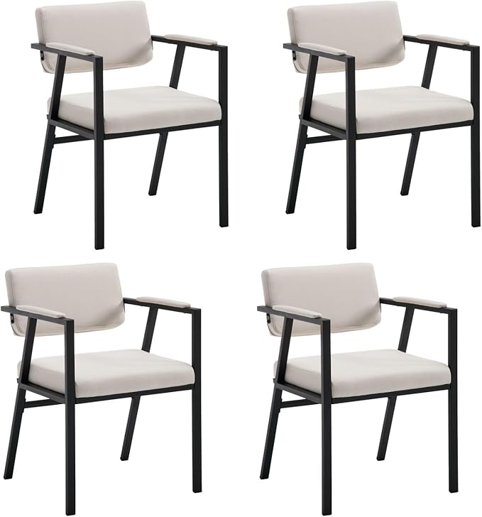 DUOMAY Modern Dining Chairs Set of 4, Linen Upholstred Side Arm Chairs Mid-Century Open Back Reception Chairs with Black Metal Legs for Kitchen Dining Room, Beige