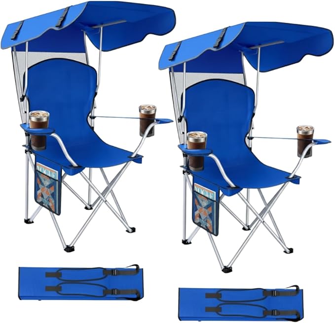 CozyBox Portable Folding Camping Chairs with Canopy Shade, Beach Chair for Adults, Durable Weather Resistant 600D Oxford Cloth, Camping Chair with Canopy for Outdoors [Blue-2 Pack]