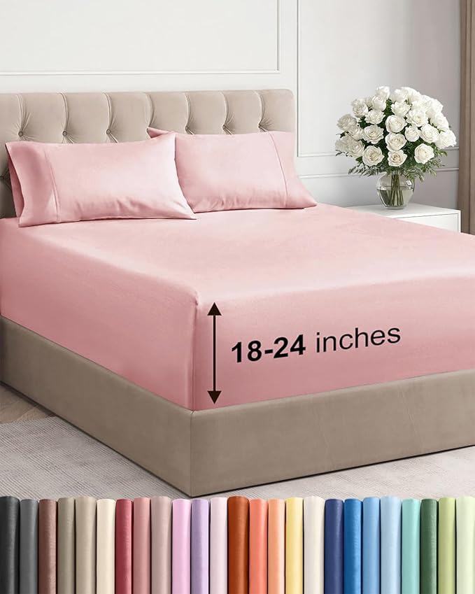Extra Deep Pocket Queen Sheet Set - 4 Piece Breathable & Cooling Bed Sheets - Hotel Luxury Sheet Set - Soft, Wrinkle Free and Comfy - Easily Fits Extra Deep Mattresses - Deep Pocket Baby Pink Sheets