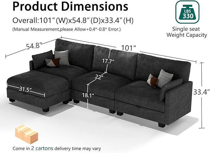 Modular Sectional L Shaped Sofa Couches for Living Room, Cloud Couch with Storage Ottoman, Comfy Chenille Sofa with Pillow, Black