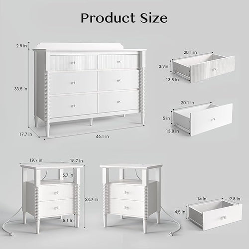 3 Piece Bedroom Set, Vintage 6 Drawer Dresser and Nightstand Sets for Bedroom, Night Stand Set 2 & Kids Dresser with Solid Wood Legs, Chest of Drawers Storage Cabinet Set, White